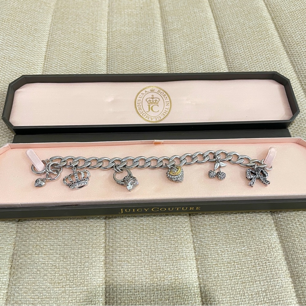 Vintage Juicy Couture Silver Tone‎ Pave Charm Bracelet Crown Ring Heart Cherries